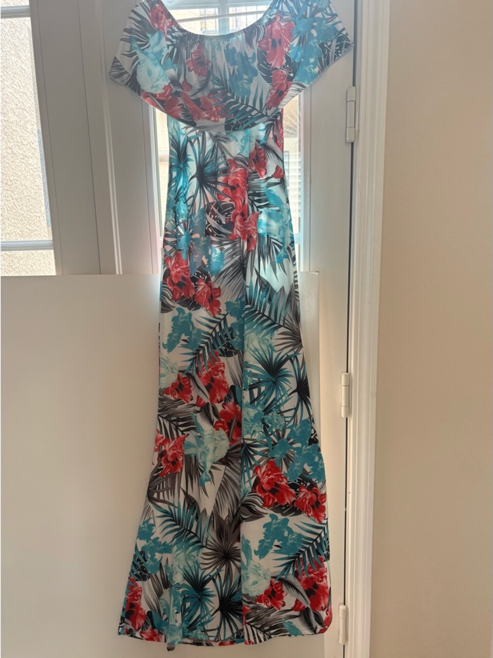 Tropical Off-Shoulder Floral Maxi Dress in Teal and Red NWT